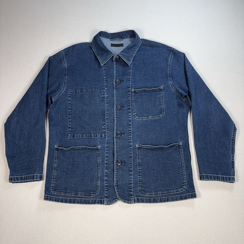 Uniqlo Utility Denim Shirt Mens M Blue Pockets Stretch Pockets Shacket Button Up